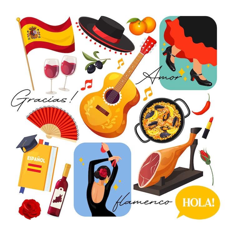 La collection de vecteurs avec des symboles espagnols comprend la nourriture nationale, le drapeau, les filles de danse flamenco, etc.