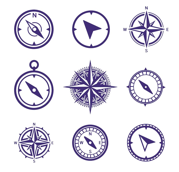 Vecteur compasses et icônes de roses du vent sur un thème marin