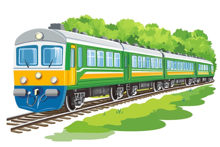 Vecteur un dessin d'un train avec un train bleu et jaune sur les voies