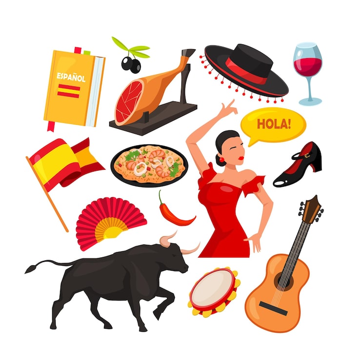 Ensemble de plus de 12 symboles espagnols : taureau, guitare, paella, vin, guitare, olives, architecture, drapeau,
