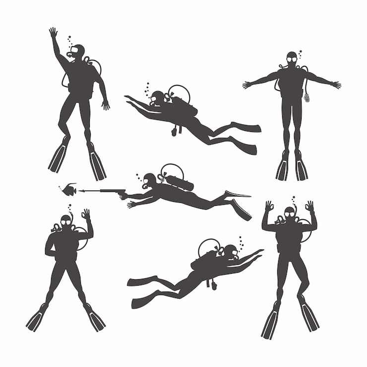 Vecteur ensemble de silhouettes de plongeurs sous-marins pour activités sous-marines.