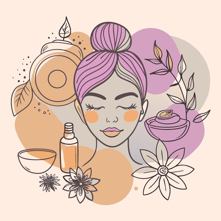 Vecteur une femme aux cheveux roses et des fleurs devant elle