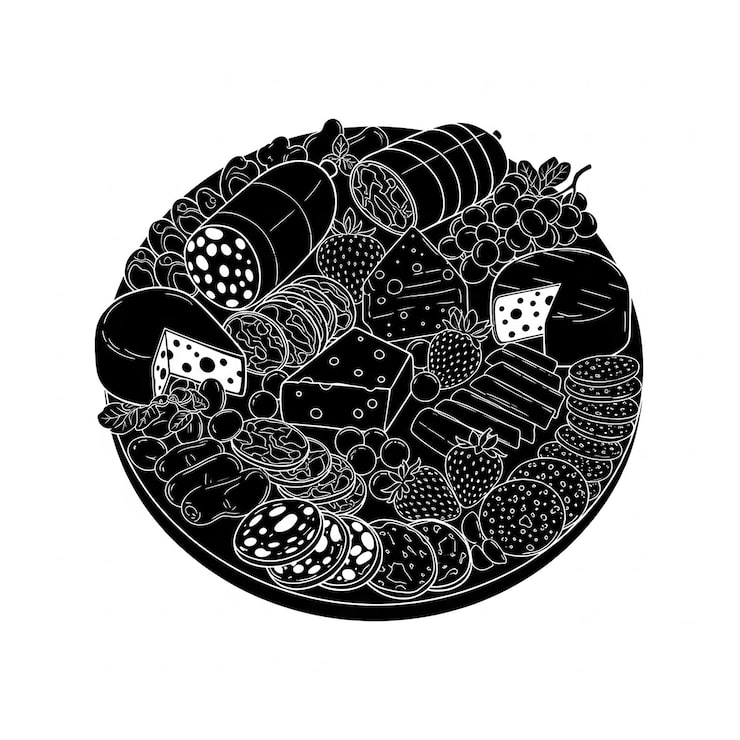Vecteur illustration de planche de charcuterie en noir et blanc