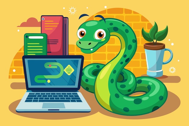 Vecteur illustration vectorielle du codage python vert mignon sur l'ordinateur portable