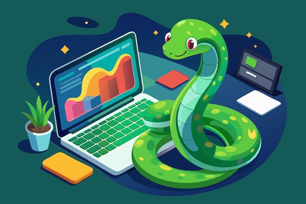 Vecteur illustration vectorielle du codage python vert mignon sur l'ordinateur portable