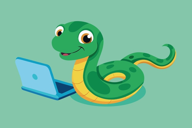 Vecteur illustration vectorielle du codage python vert mignon sur l'ordinateur portable