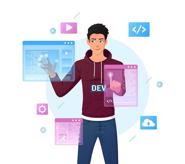 Vecteur programmeur de développement web et test de code en réalité augmentée illustration