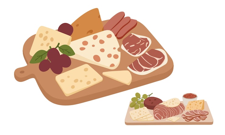Vecteur soppressata et prosciutto charcuterie avec fromage et olives