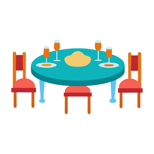 Vecteur table à manger avec chaises, assiettes et boissons