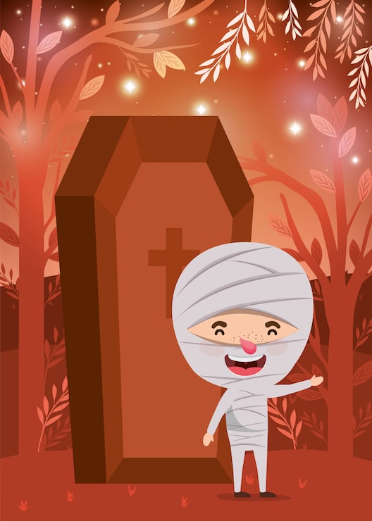 Vector cảnh halloween với cậu bé mặc trang phục xác ướp