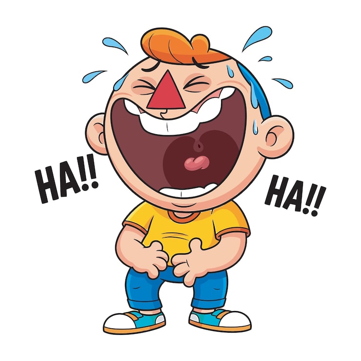 Vector cậu bé cười ngặt nghẽo miệng há rộng, đổ mồ hôi và ôm bụng