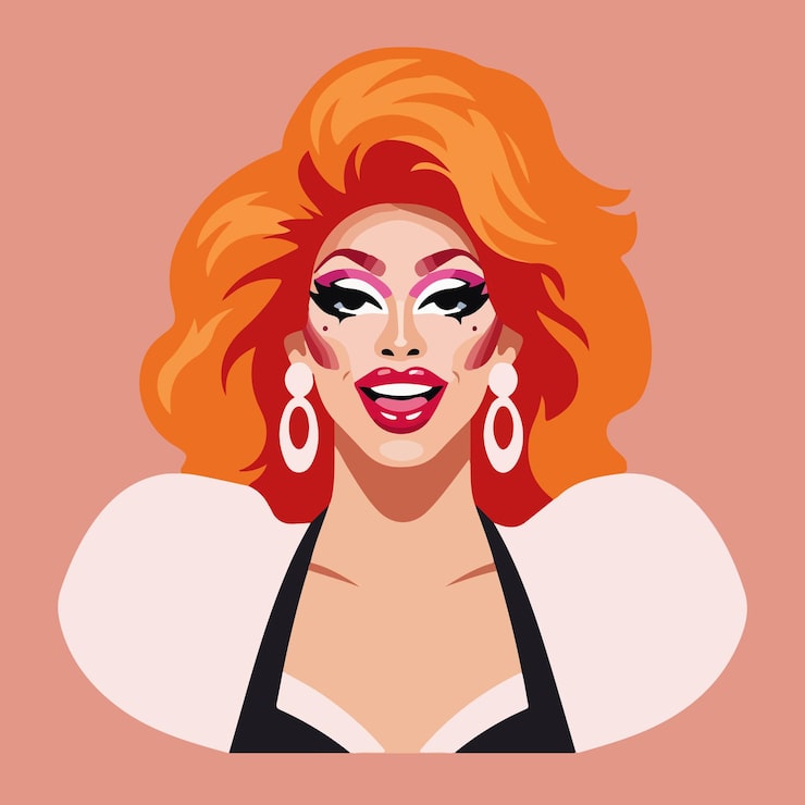 Vector chân dung drag queen quyến rũ với trang điểm đậm và tóc giả