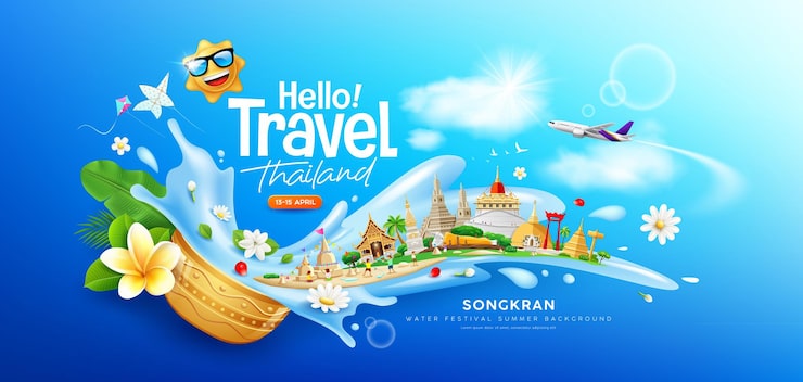 Vector lễ hội té nước songkran du lịch thái lan hoa trong bát nước té nước du lịch thái lan