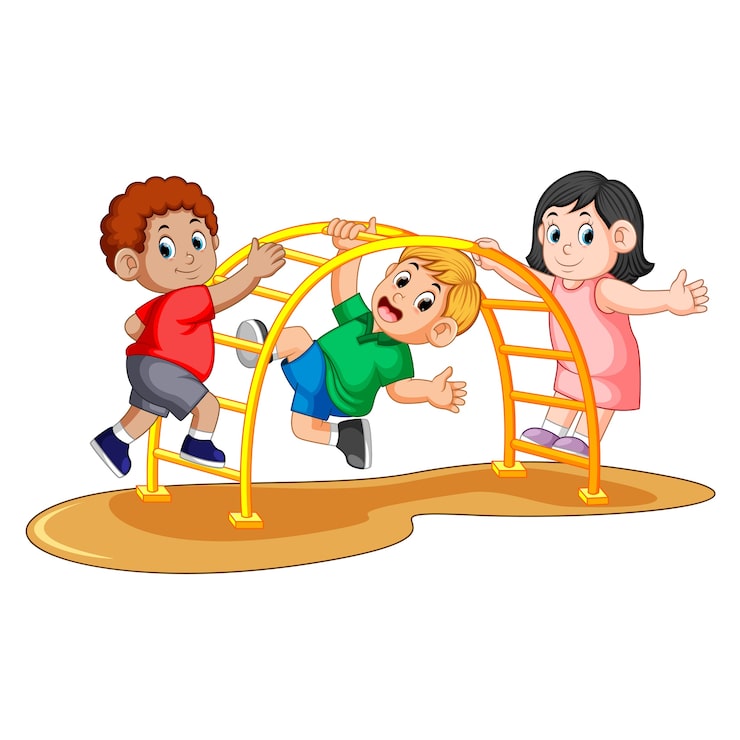 Vector trẻ em chơi trên xà đu kim loại ở sân sau