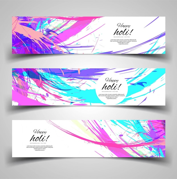 Vector gratuito 3 banners blancos con acuarelas artísticas para holi