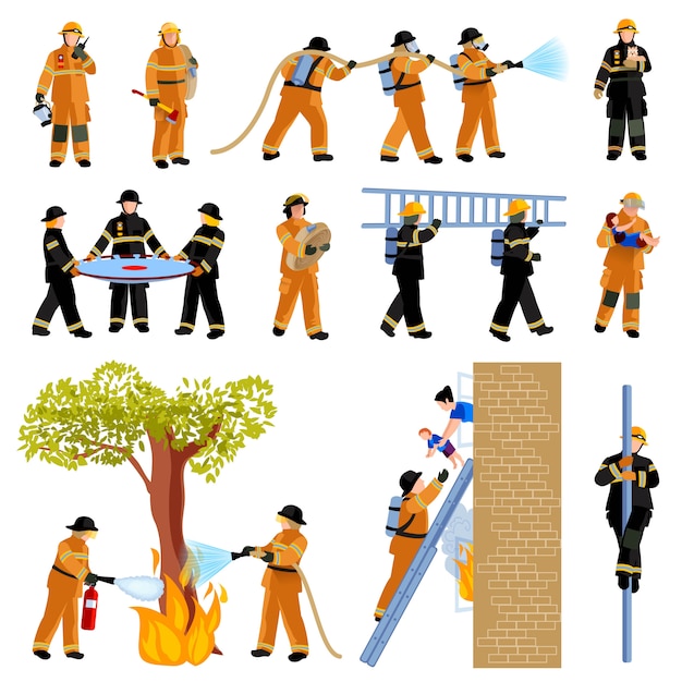 Vector gratuito bombero gente extinguiendo fuego