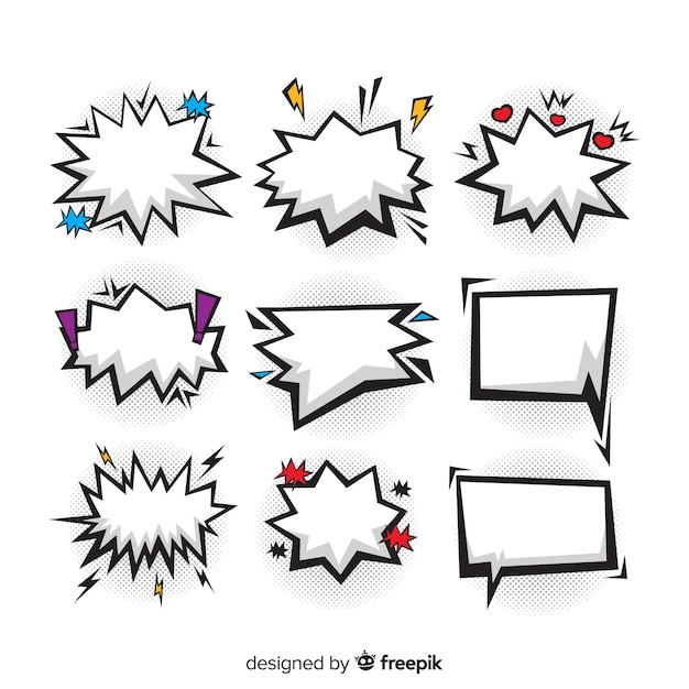 Vector gratuito burbujas de discurso cómico en blanco con elementos de colores
