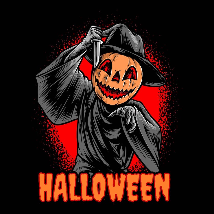 Vector gratuito cabeza de calabaza asesina halloween sosteniendo un cuchillo