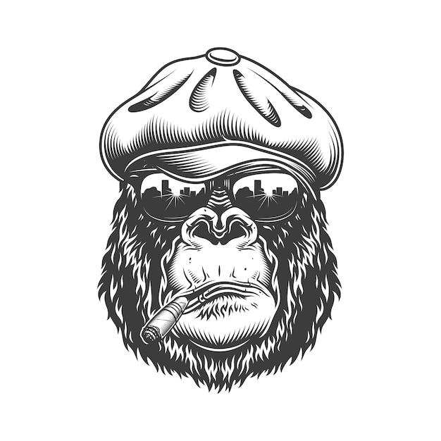 Vector gratuito cabeza de gorila en estilo monocromo