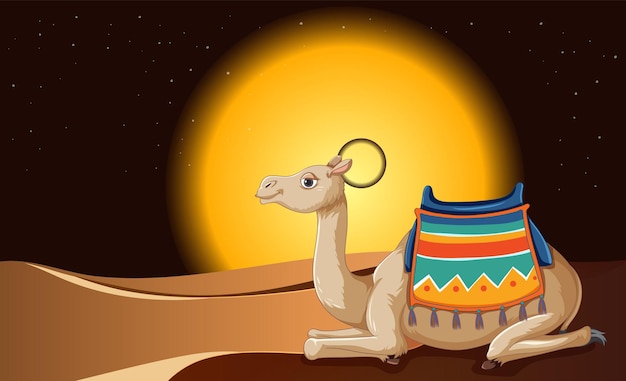 Vector gratuito camello bajo la luz de la luna en el desierto