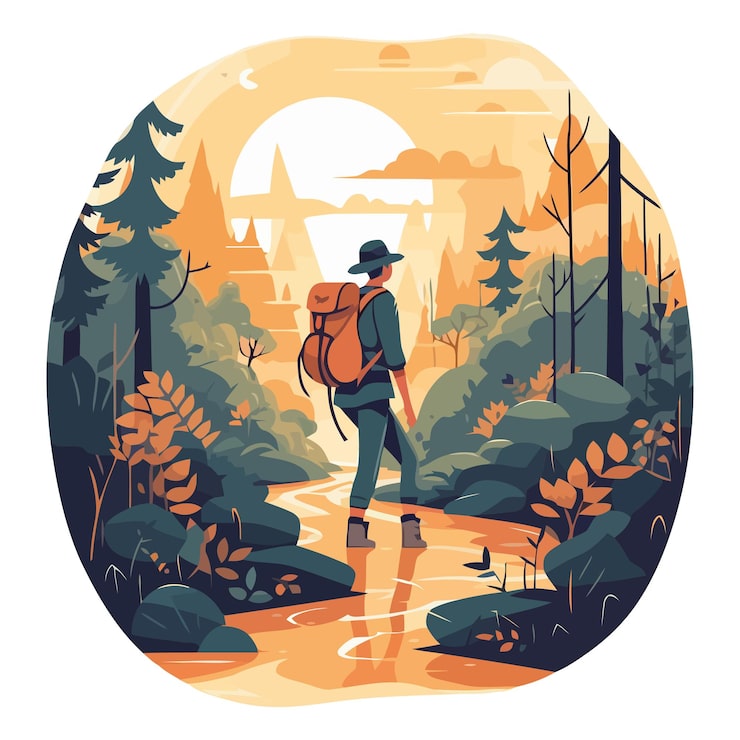 Vector gratuito caminando por la aventura del bosque