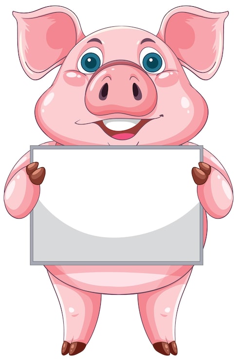 Vector gratuito cerdo sonriente con un cartel en blanco