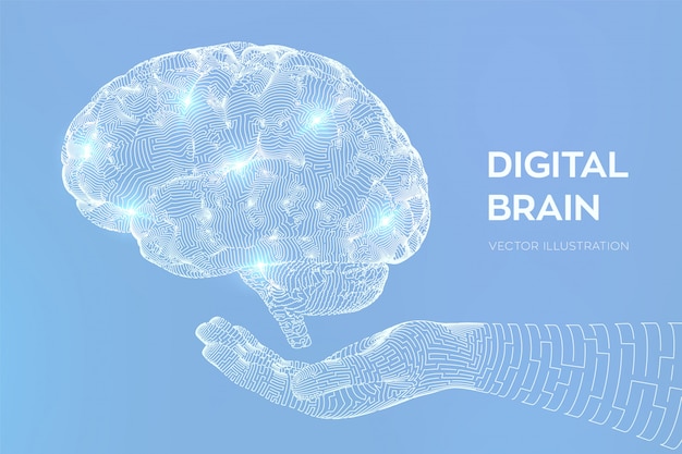 Vector gratuito cerebro. cerebro digital en mano. red neuronal.