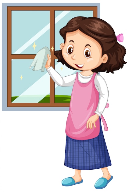 Vector gratuito chica limpiando ventanas en blanco