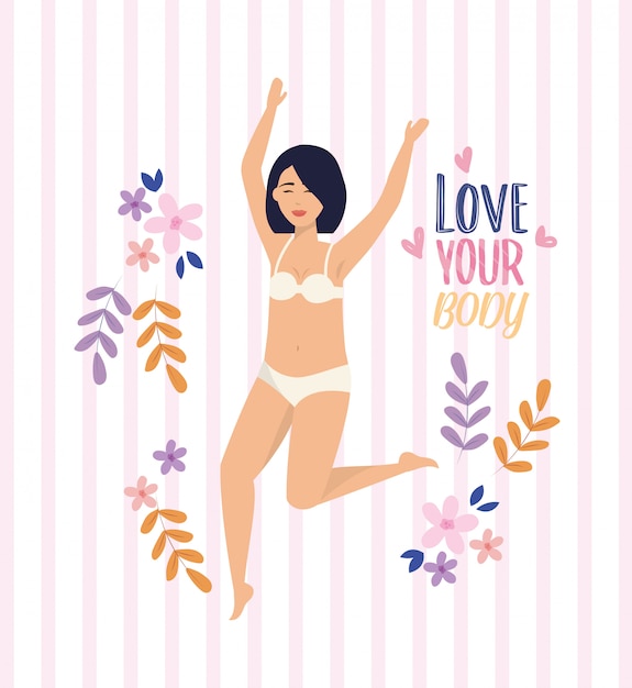 Vector gratuito chica con ropa interior con las manos arriba y plantas