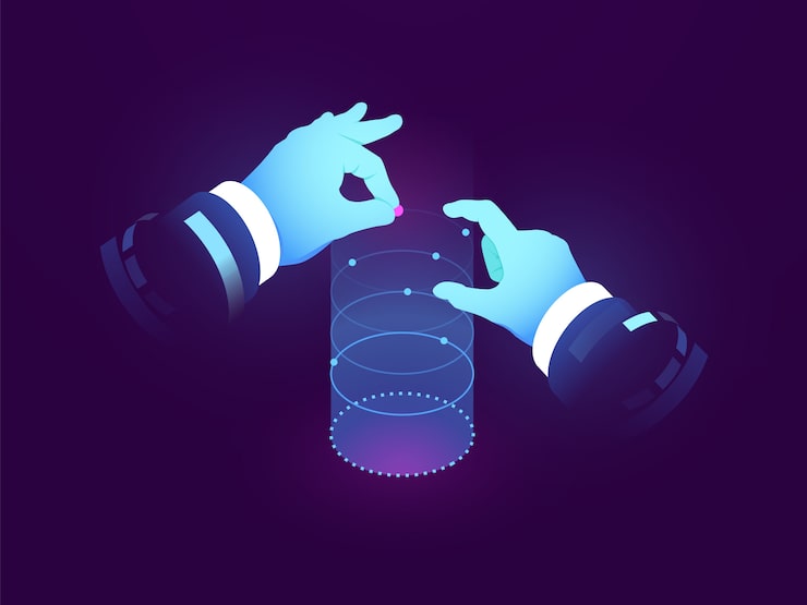 Vector gratuito ciencia de datos e ideas, control de la mano del hombre, visualización de experimentos, gráfico de flujo de datos, manipulación