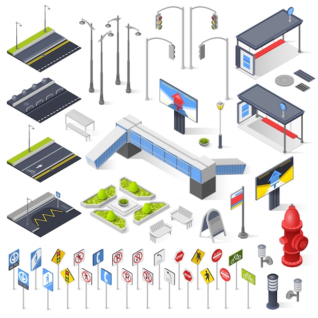Vector gratuito city street constructor elementos isométricos