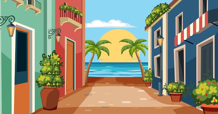 Vector gratuito la ciudad costera tropical al atardecer