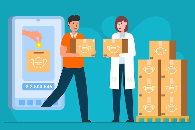 Vector gratuito cliente y material médico llevando cajas