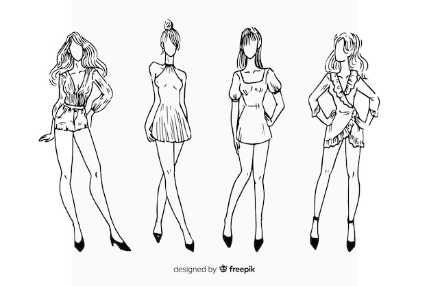 Vector gratuito colección de bosquejos de moda con modelos