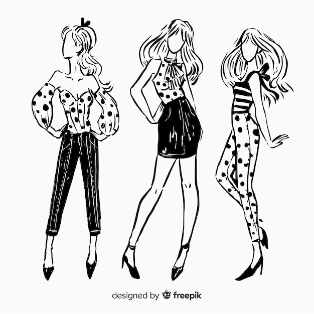 Vector gratuito colección de bosquejos de moda con modelos