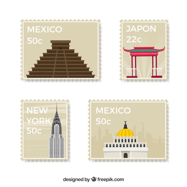 Vector gratuito colección de cuatro sellos con monumentos