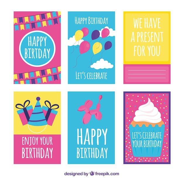Vector gratuito colección dibujada a mano de seis tarjetas de cumpleaños