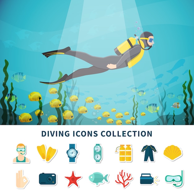 Vector gratuito colección de iconos de buceo