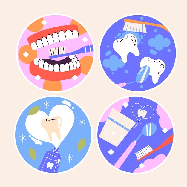 Vector gratuito colección de pegatinas de cuidado dental ingenuo