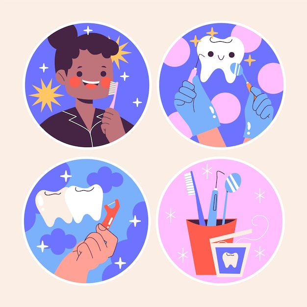 Vector gratuito colección de pegatinas de cuidado dental ingenuo
