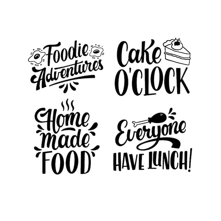 Vector gratuito colección de pegatinas gastronómicas con letras monocromáticas.