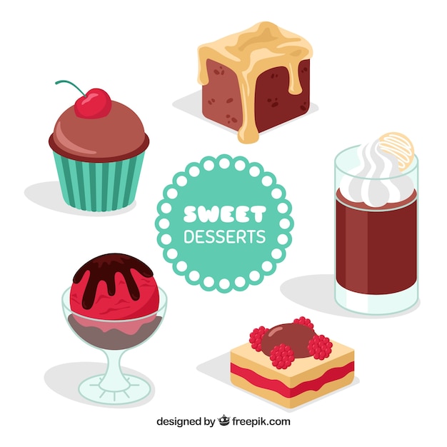 Vector gratuito colección de postres dulces en estilo plano