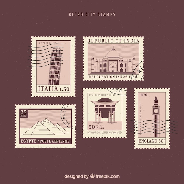 Vector gratuito colección de sellos de ciudad en estilo retro