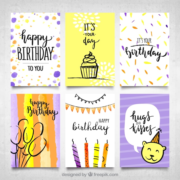 Vector gratuito colección de tarjetas de cumpleaños modernas en acuarela