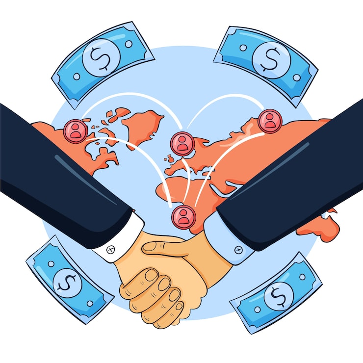 Vector gratuito comercio internacional dibujado a mano con efectivo.
