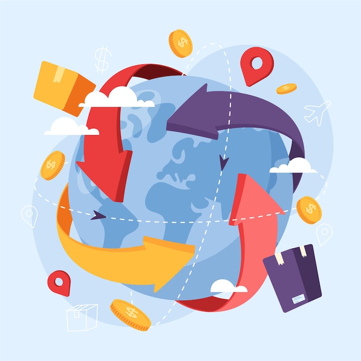 Vector gratuito comercio internacional dibujado a mano con planeta.