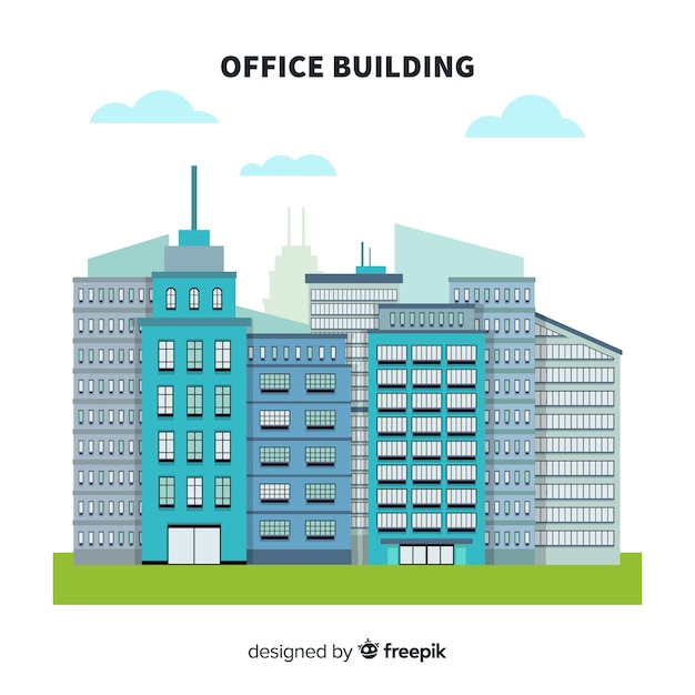 Vector gratuito composición de edificios de oficinas modernos con diseño plano