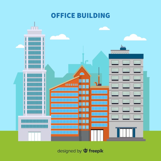 Vector gratuito composición de edificios de oficinas modernos con diseño plano