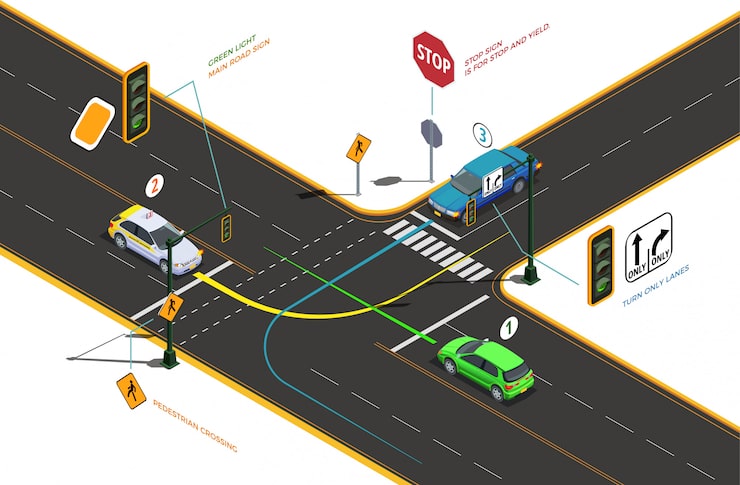 Vector gratuito composición isométrica de la escuela de manejo con subtítulos de texto de flechas de pictogramas conceptuales y autos en la ilustración de intersección de carreteras