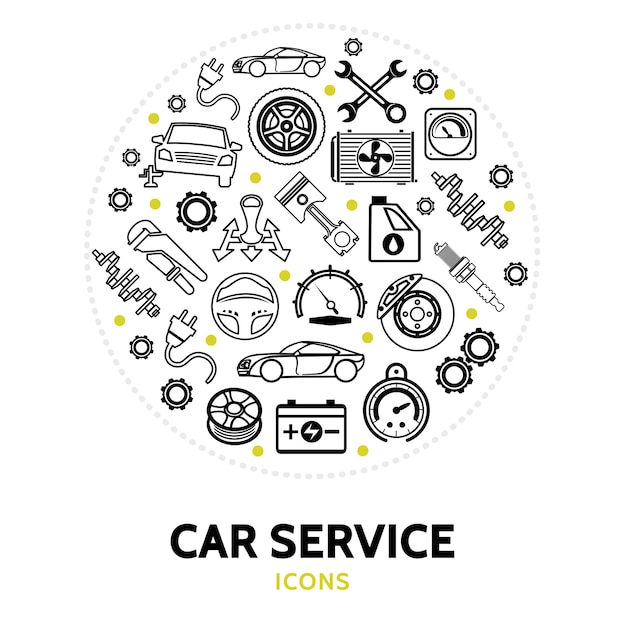 Vector gratuito composición redonda con elementos de servicio de coche